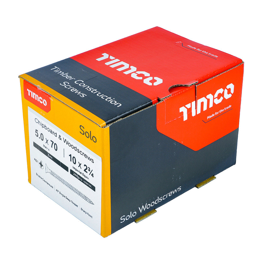This is an image of Timco - Solo Chipboard & Woodscrews - PZ - Double Countersunk - Zinc 5.0 x 70mm - (200 PCS Box) 50070SOLOZ