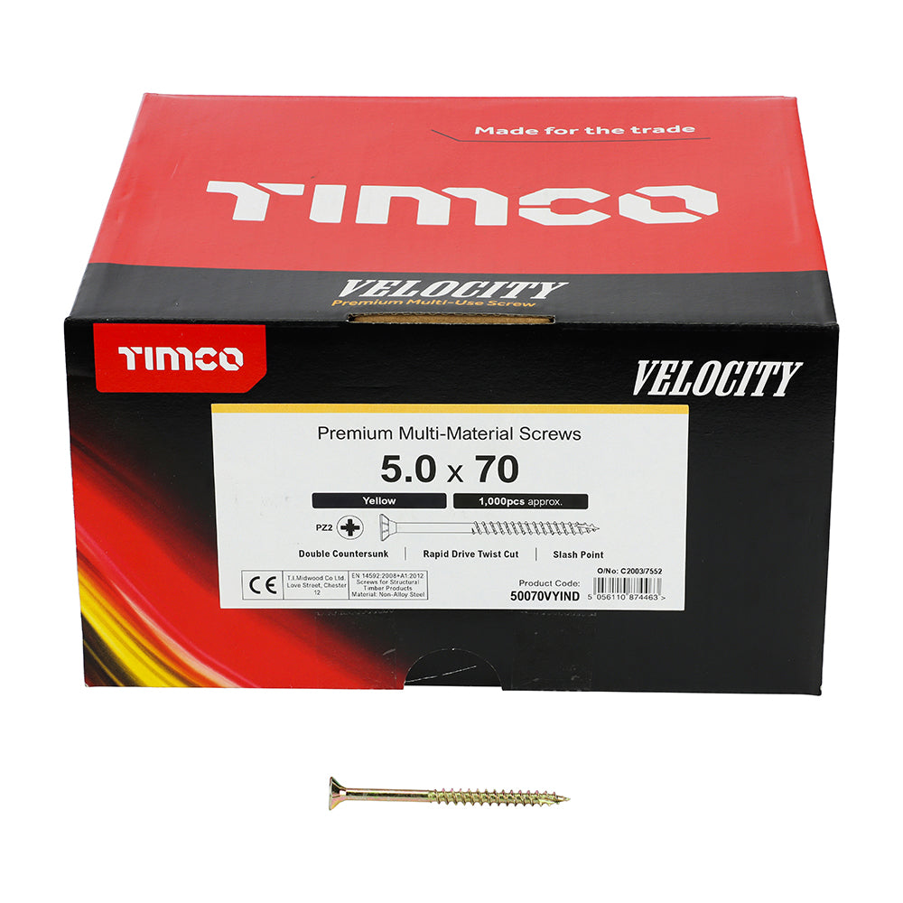 This is an image of Timco - Velocity Premium Multi-Use Screws - PZ - Double Countersunk - Yellow 5.0 x 70mm - (1000 PCS Box) 50070VYIND