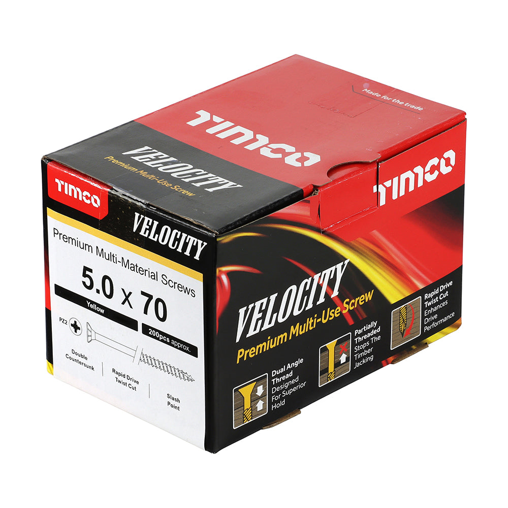 This is an image of Timco - Velocity Premium Multi-Use Screws - PZ - Double Countersunk - Yellow 5.0 x 70mm - (200 PCS Box) 50070VY
