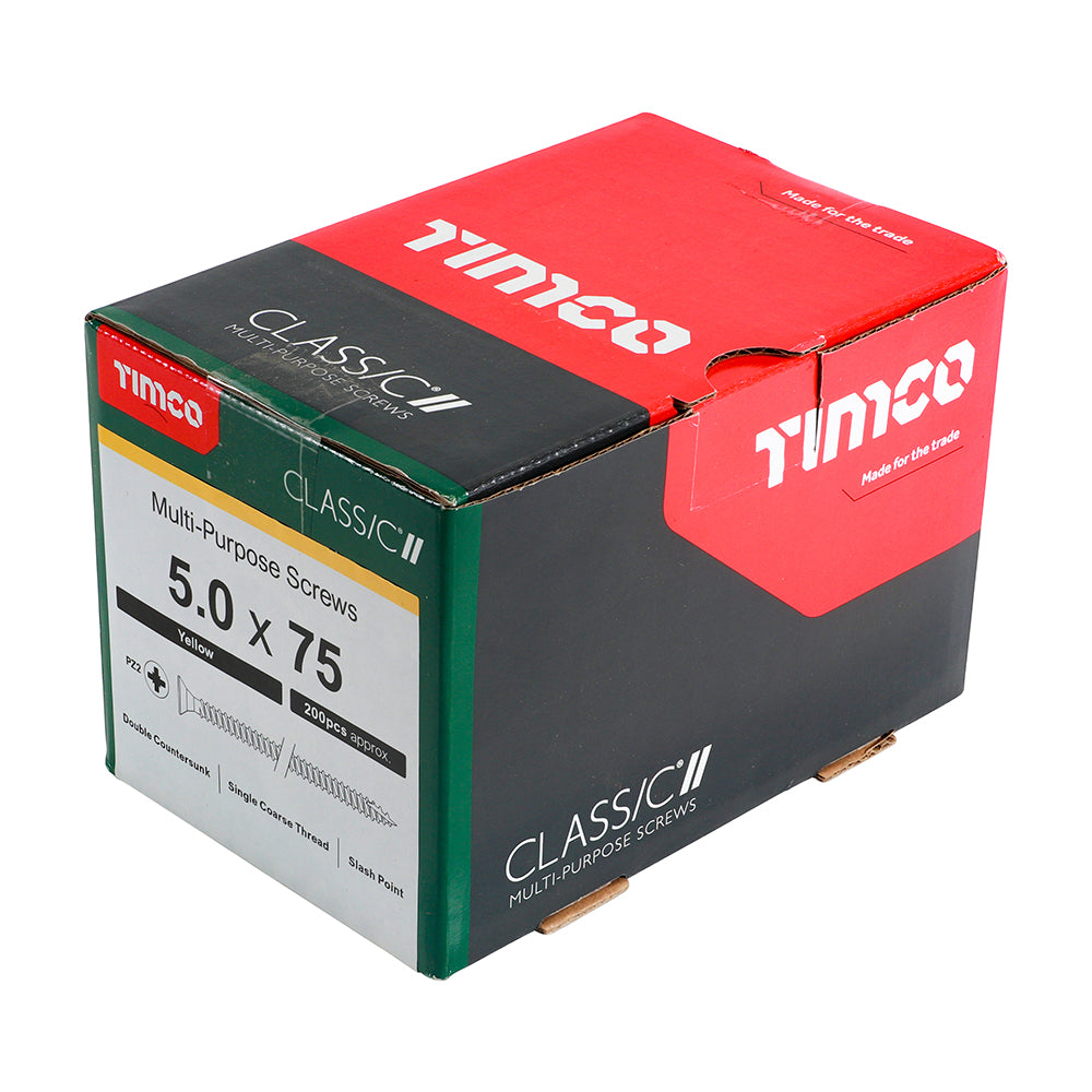 This is an image of Timco - Classic Multi-Purpose Screws - PZ - Double Countersunk - Yellow 5.0 x 75mm - (200 PCS Box) 50075CLAF