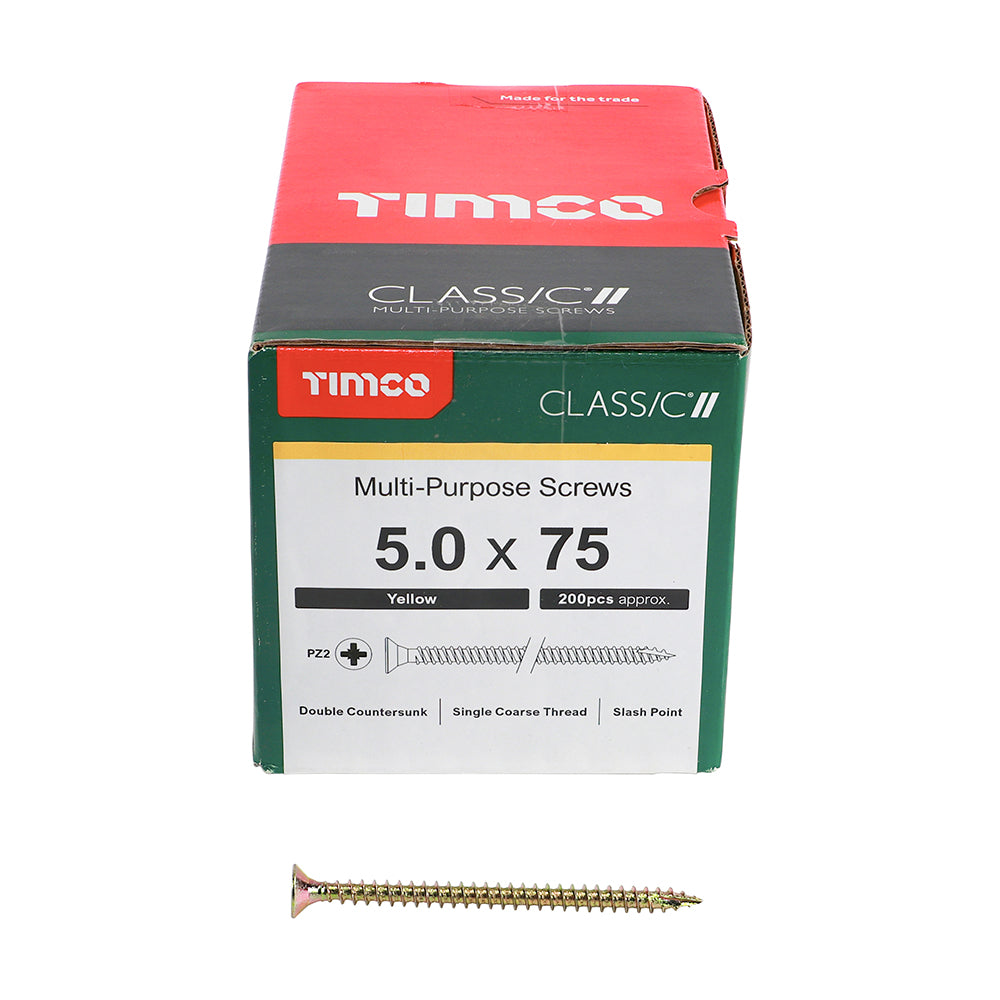 This is an image of Timco - Classic Multi-Purpose Screws - PZ - Double Countersunk - Yellow 5.0 x 75mm - (200 PCS Box) 50075CLAF
