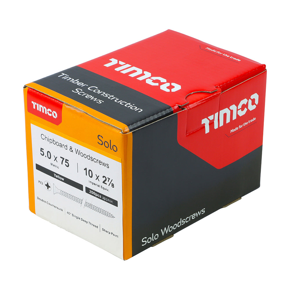 This is an image of Timco - Solo Chipboard & Woodscrews - PZ - Double Countersunk - Yellow 5.0 x 75mm - (200 PCS Box) 50075SOLOC