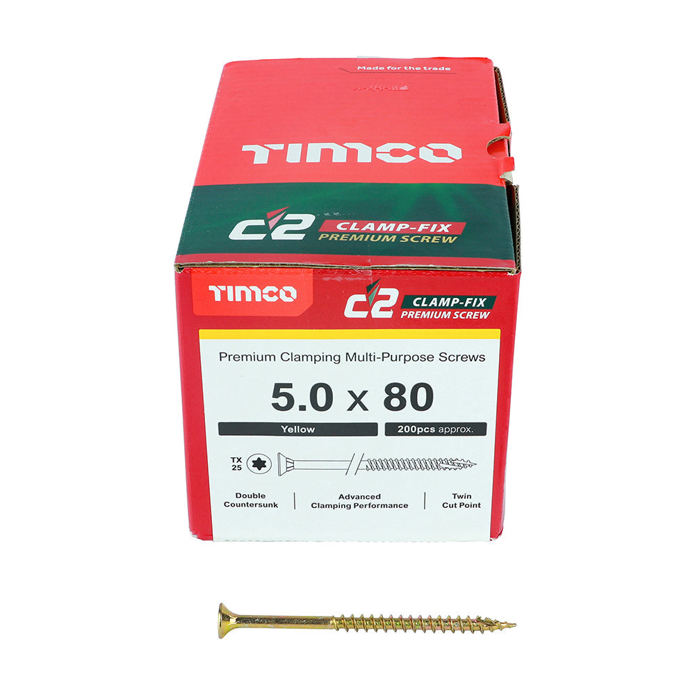 This is an image of Timco - C2 Clamp-Fix Screws - TX - Double Countersunk with Ribs - Twin-Cut - Yellow 5.0 x 80mm - (200 PCS Box) 50080C2C