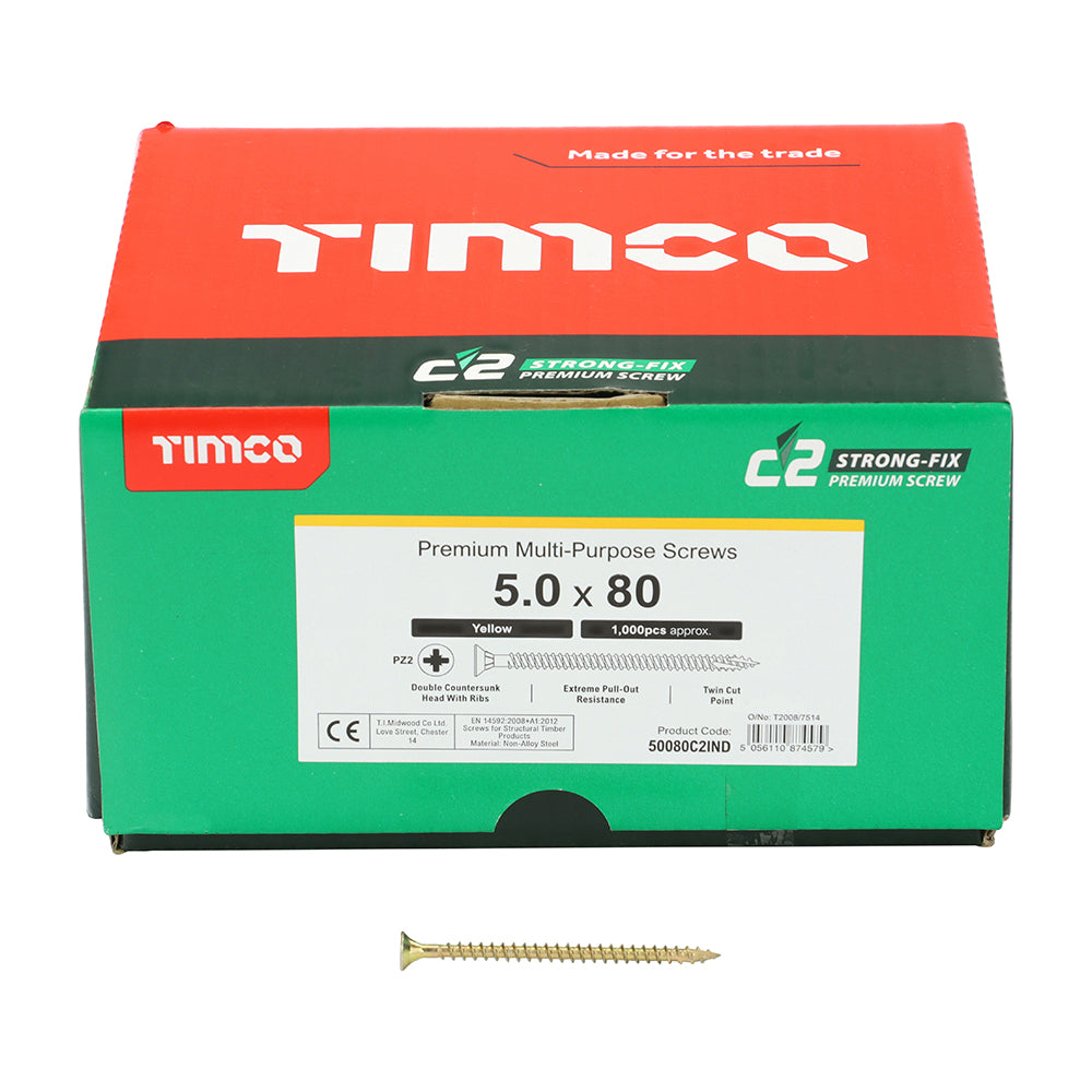 This is an image of Timco - C2 Strong-Fix Screws - PZ - Double Countersunk - Twin-Cut - Yellow 5.0 x 80mm - (1000 PCS Box) 50080C2IND