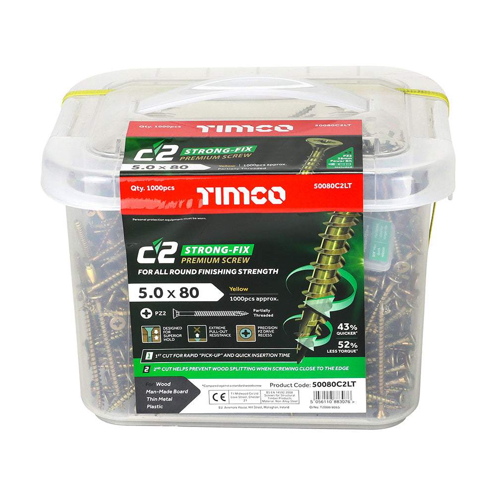 This is an image of Timco - C2 Strong-Fix Screws - PZ - Double Countersunk - Twin-Cut - Yellow 5.0 x 80mm - (1000 PCS Tub) 50080C2LT