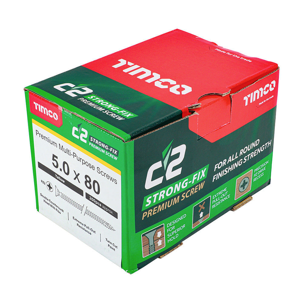 This is an image of Timco - C2 Strong-Fix Screws - PZ - Double Countersunk - Twin-Cut - Yellow 5.0 x 80mm - (200 PCS Box) 50080C2