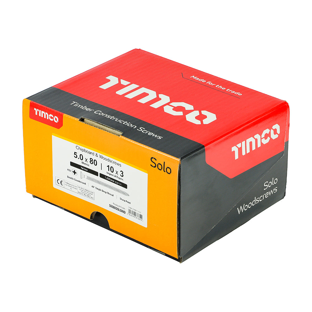 This is an image of Timco - Solo Chipboard & Woodscrews - Industry Pack - PZ - Double Countersunk - Yellow 5.0 x 80mm - (1000 PCS Box) 50080SOLOIND