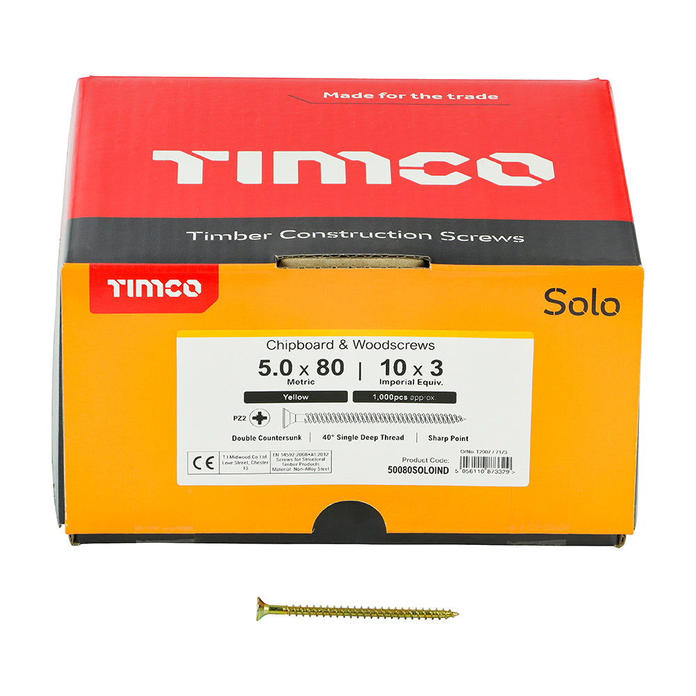 This is an image of Timco - Solo Chipboard & Woodscrews - Industry Pack - PZ - Double Countersunk - Yellow 5.0 x 80mm - (1000 PCS Box) 50080SOLOIND