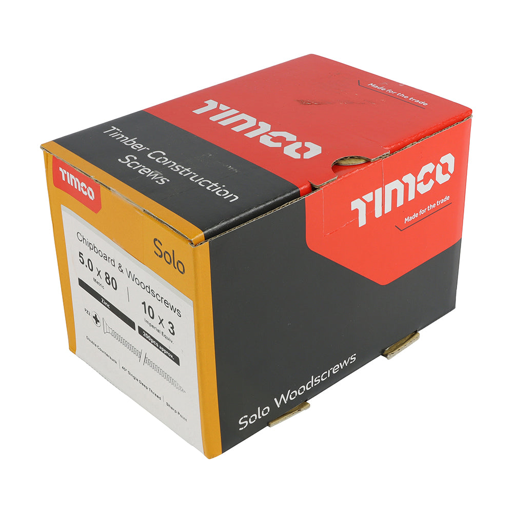 This is an image of Timco - Solo Chipboard & Woodscrews - PZ - Double Countersunk - Zinc 5.0 x 80mm - (200 PCS Box) 50080SOLOZ