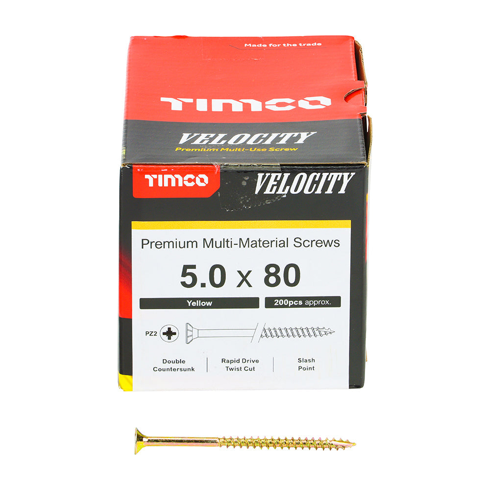 This is an image of Timco - Velocity Premium Multi-Use Screws - PZ - Double Countersunk - Yellow 5.0 x 80mm - (200 PCS Box) 50080VY