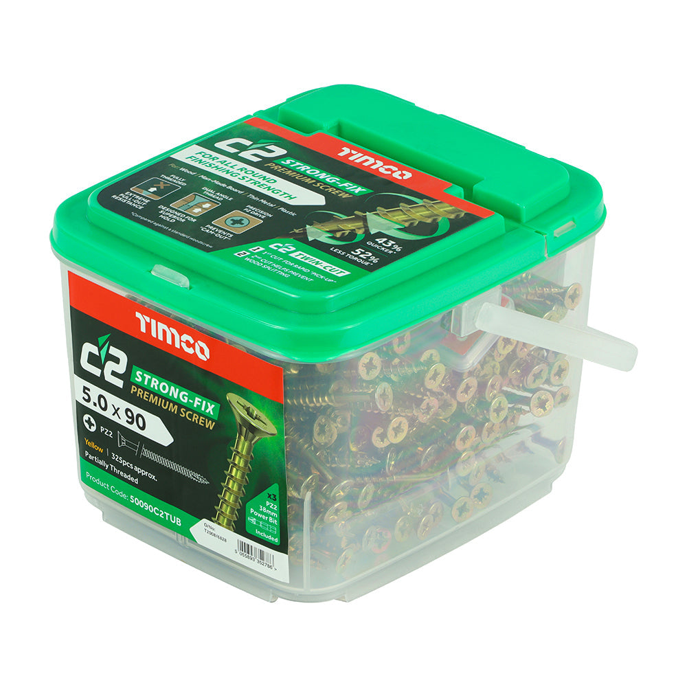 This is an image of Timco - C2 Strong-Fix Screws - PZ - Double Countersunk - Twin-Cut - Yellow 5.0 x 90mm - (325 PCS Tub) 50090C2TUB