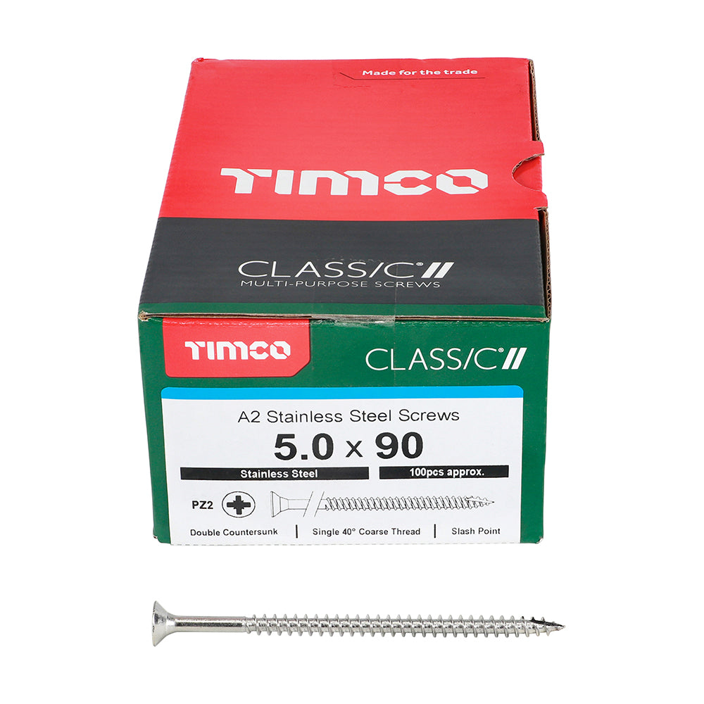 This is an image of Timco - Classic Multi-Purpose Screws - PZ - Double Countersunk - A2 Stainless Steel 5.0 x 90mm - (100 PCS Box) 50090CLASS
