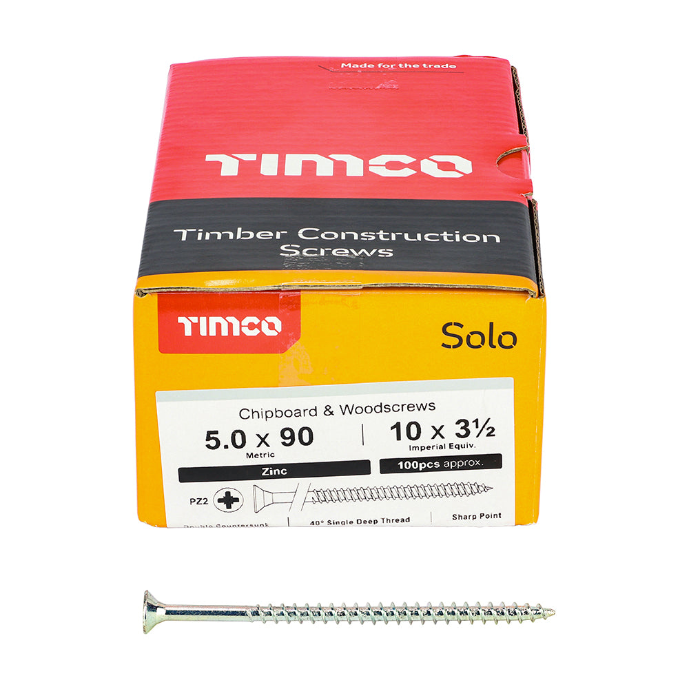 This is an image of Timco - Solo Chipboard & Woodscrews - PZ - Double Countersunk - Zinc 5.0 x 90mm - (100 PCS Box) 50090SOLOZ