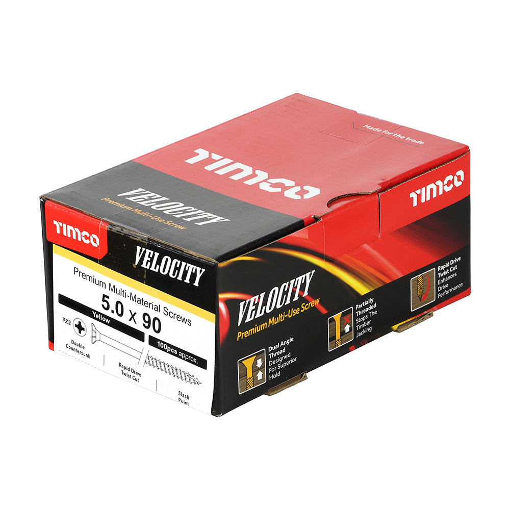 This is an image of Timco - Velocity Premium Multi-Use Screws - PZ - Double Countersunk - Yellow 5.0 x 90mm - (100 PCS Box) 50090VY
