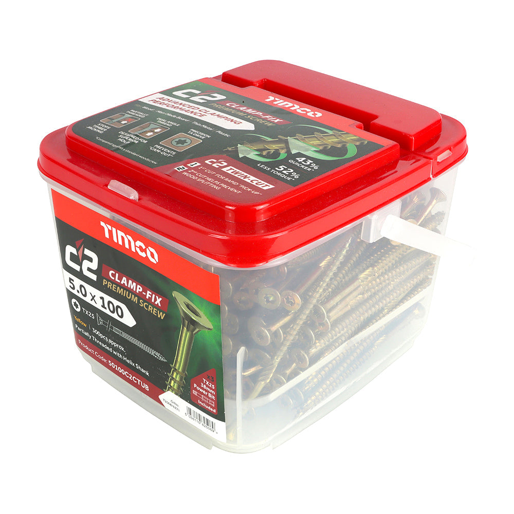 This is an image of Timco - C2 Clamp-Fix Screws - TX - Double Countersunk with Ribs - Twin-Cut - Yellow 5.0 x 100mm - (300 PCS Tub) 50100C2CTUB