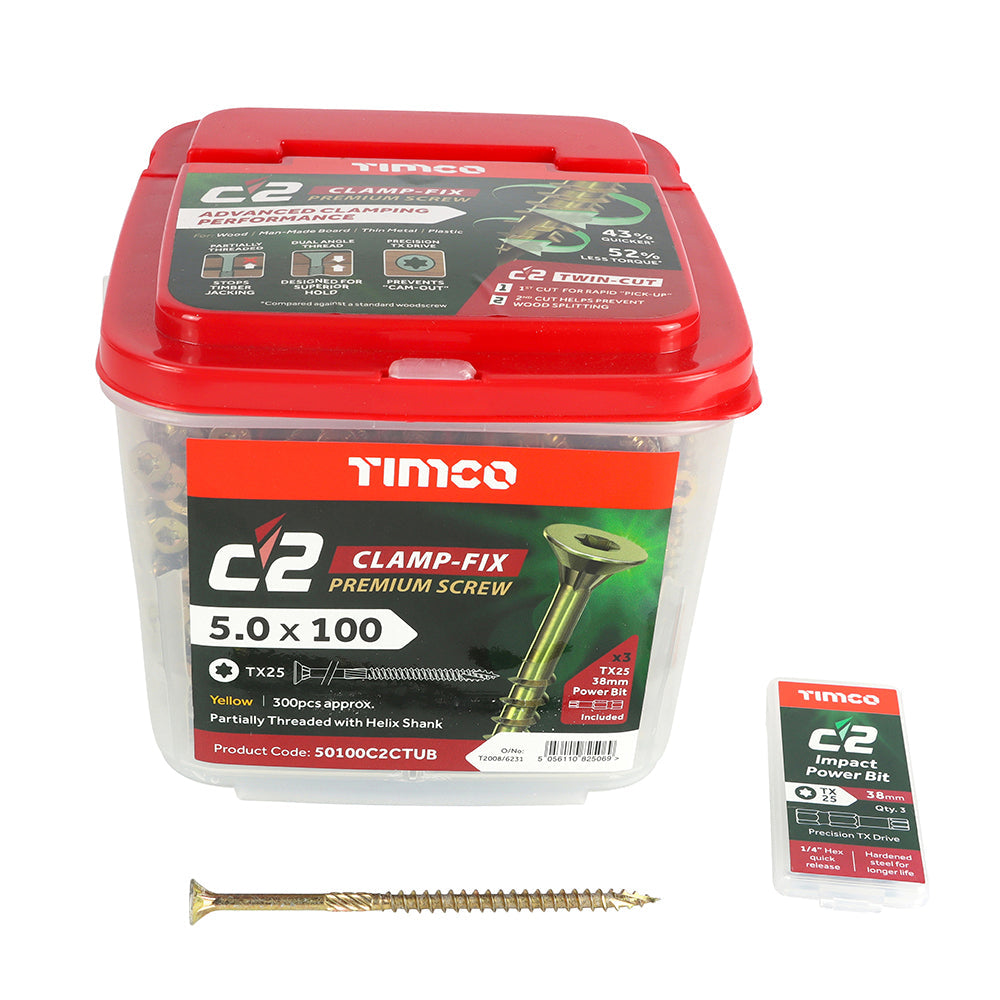This is an image of Timco - C2 Clamp-Fix Screws - TX - Double Countersunk with Ribs - Twin-Cut - Yellow 5.0 x 100mm - (300 PCS Tub) 50100C2CTUB
