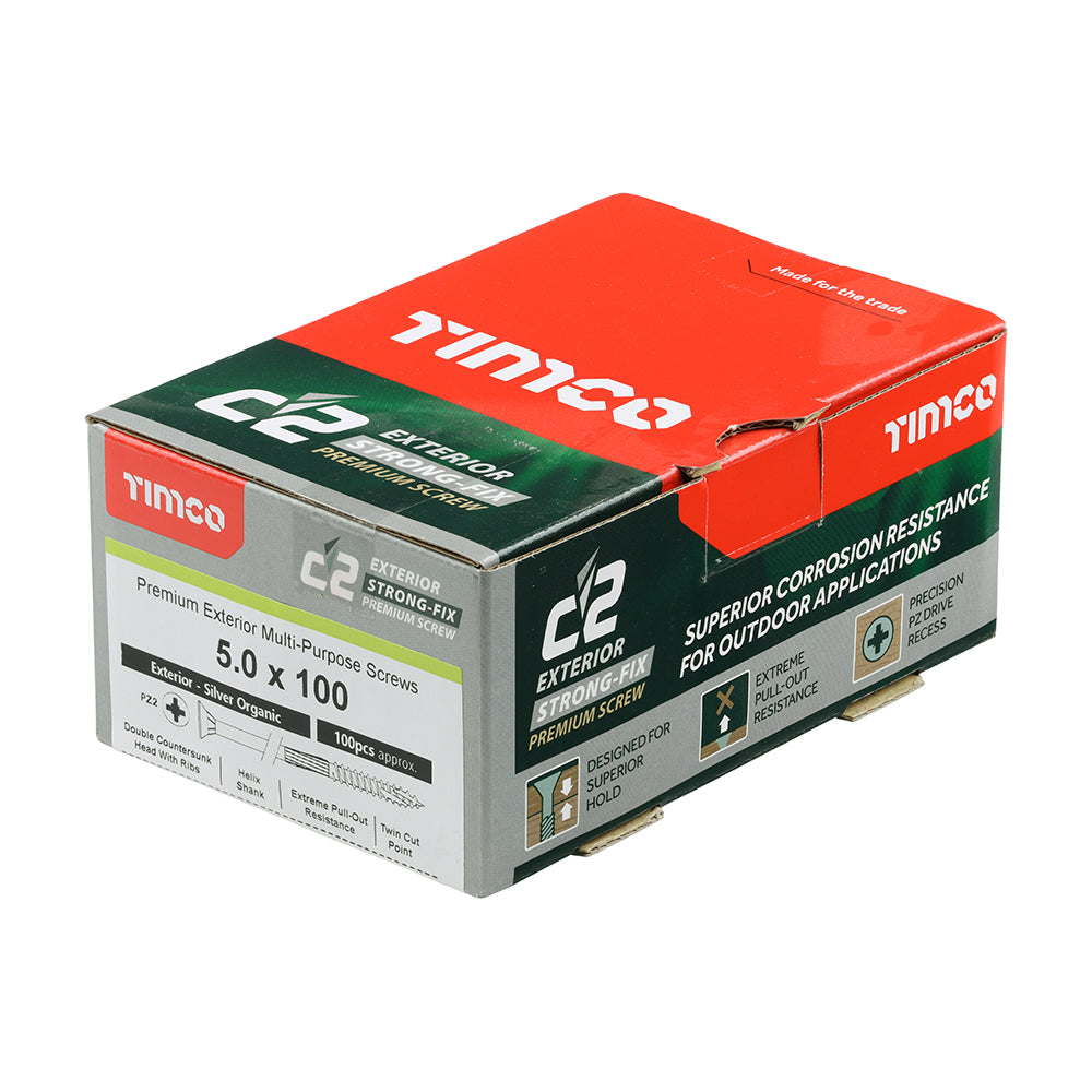 This is an image of Timco - C2 Exterior Strong-Fix Screws - PZ - Double Countersunk with Ribs - Twin-Cut - Silver 5.0 x 100mm - (100 PCS Box) 50100C2SBX