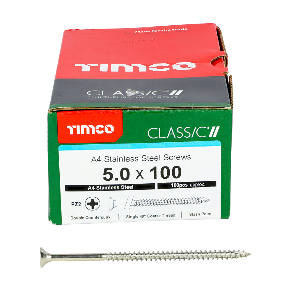 This is an image of Timco - Classic Multi-Purpose Screws - PZ - Double Countersunk - A4 Stainless Steel 5.0 x 100mm - (100 PCS Box) 50100CLA4