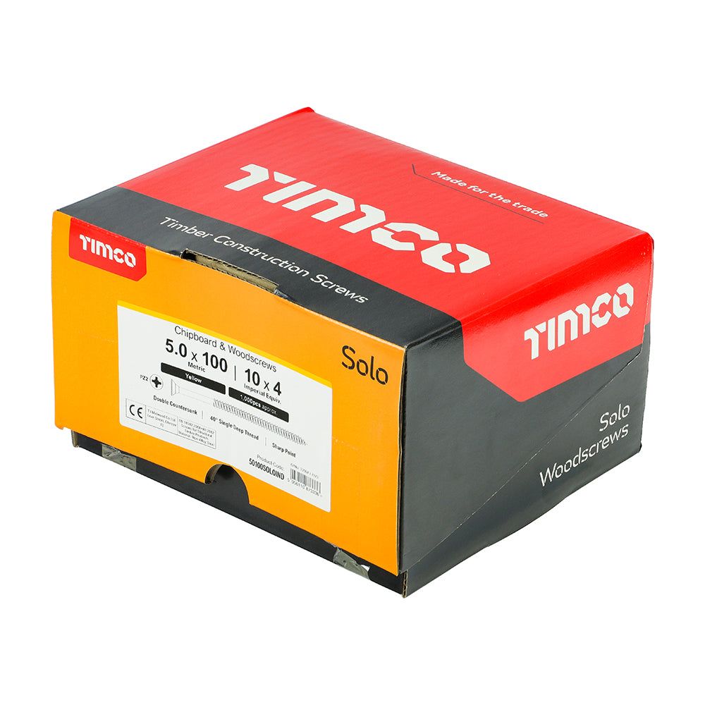 This is an image of Timco - Solo Chipboard & Woodscrews - Industry Pack - PZ - Double Countersunk - Yellow 5.0 x 100mm - (1000 PCS Box) 50100SOLOIND