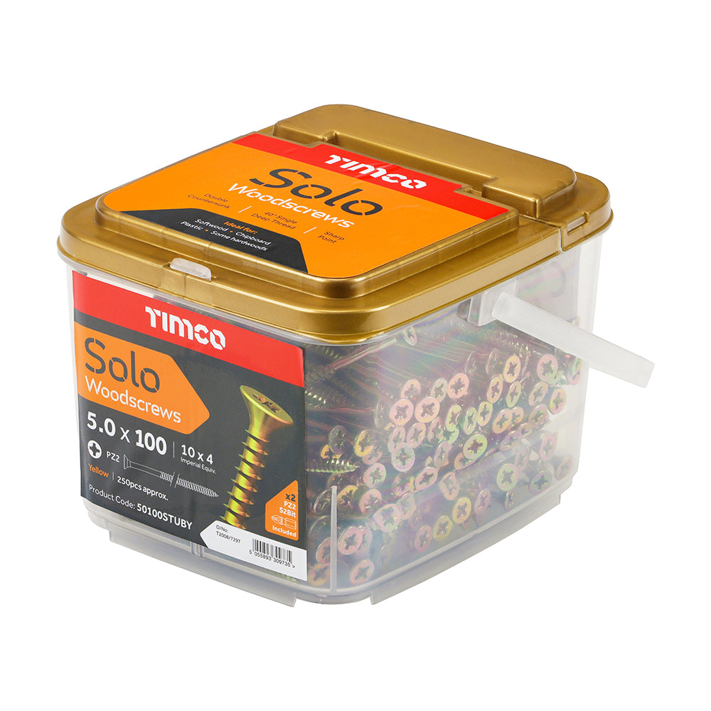 This is an image of Timco - Solo Woodscrews - PZ - Double Countersunk - Yellow 5.0 x 100mm - (250 PCS Tub) 50100STUBY