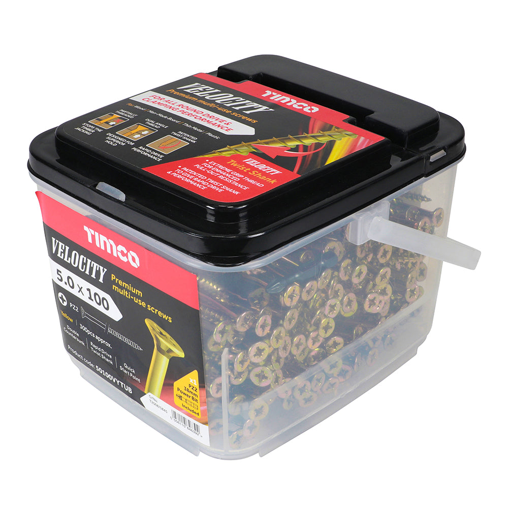 This is an image of Timco - Velocity Premium Multi-Use Screws - PZ - Double Countersunk - Yellow 5.0 x 100mm - (300 PCS Tub) 50100VYTUB