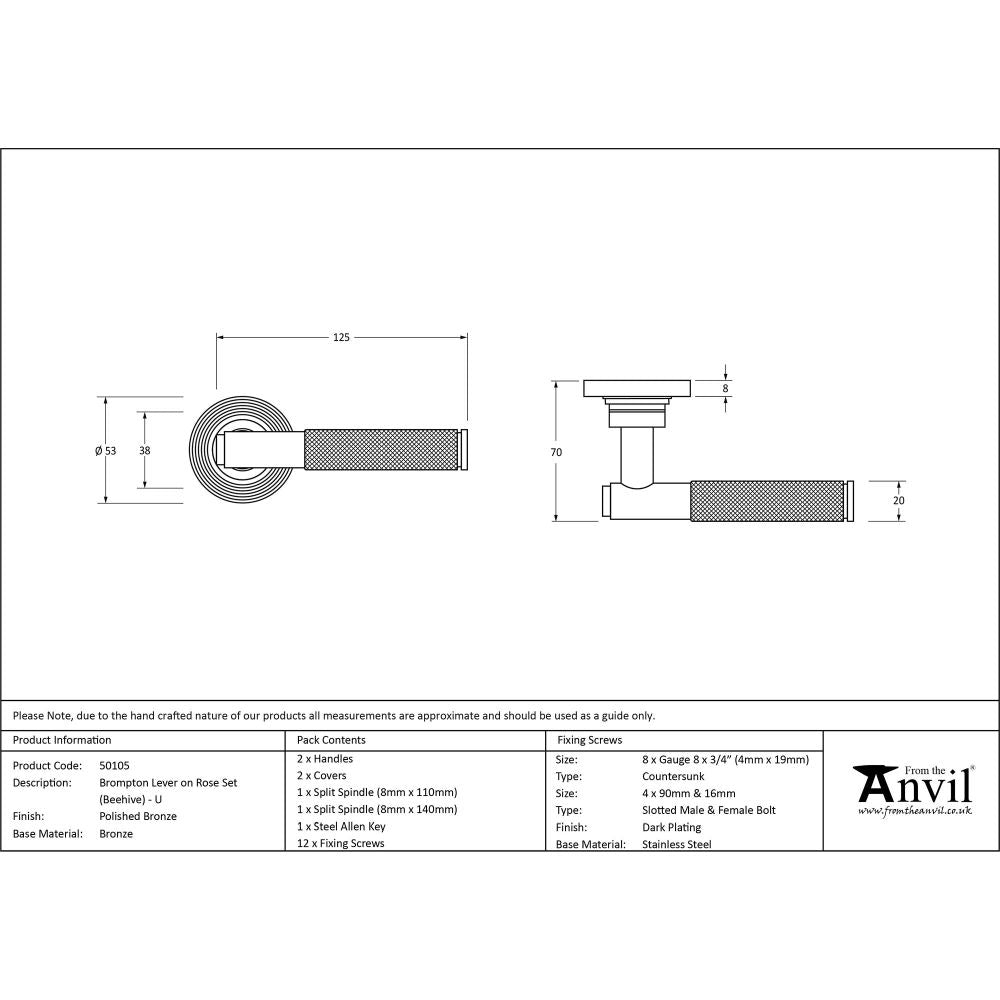 From The Anvil - Polished Bronze Brompton Lever on Rose Set (Beehive) - Unsprung | Sku. 50105 | Trade Door Handles.