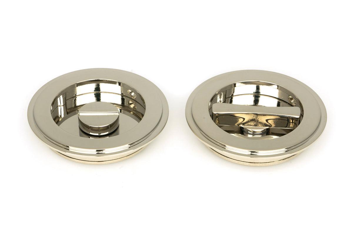 From The Anvil - Polished Nickel 75mm Art Deco Round Pull - Privacy Set | Sku. 50165 | Trade Door Handles.