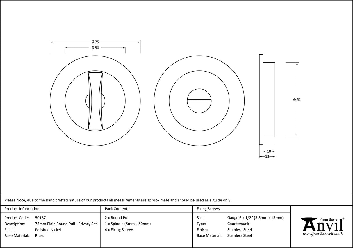 From The Anvil - Polished Nickel 75mm Plain Round Pull - Privacy Set | Sku. 50167 | Trade Door Handles.