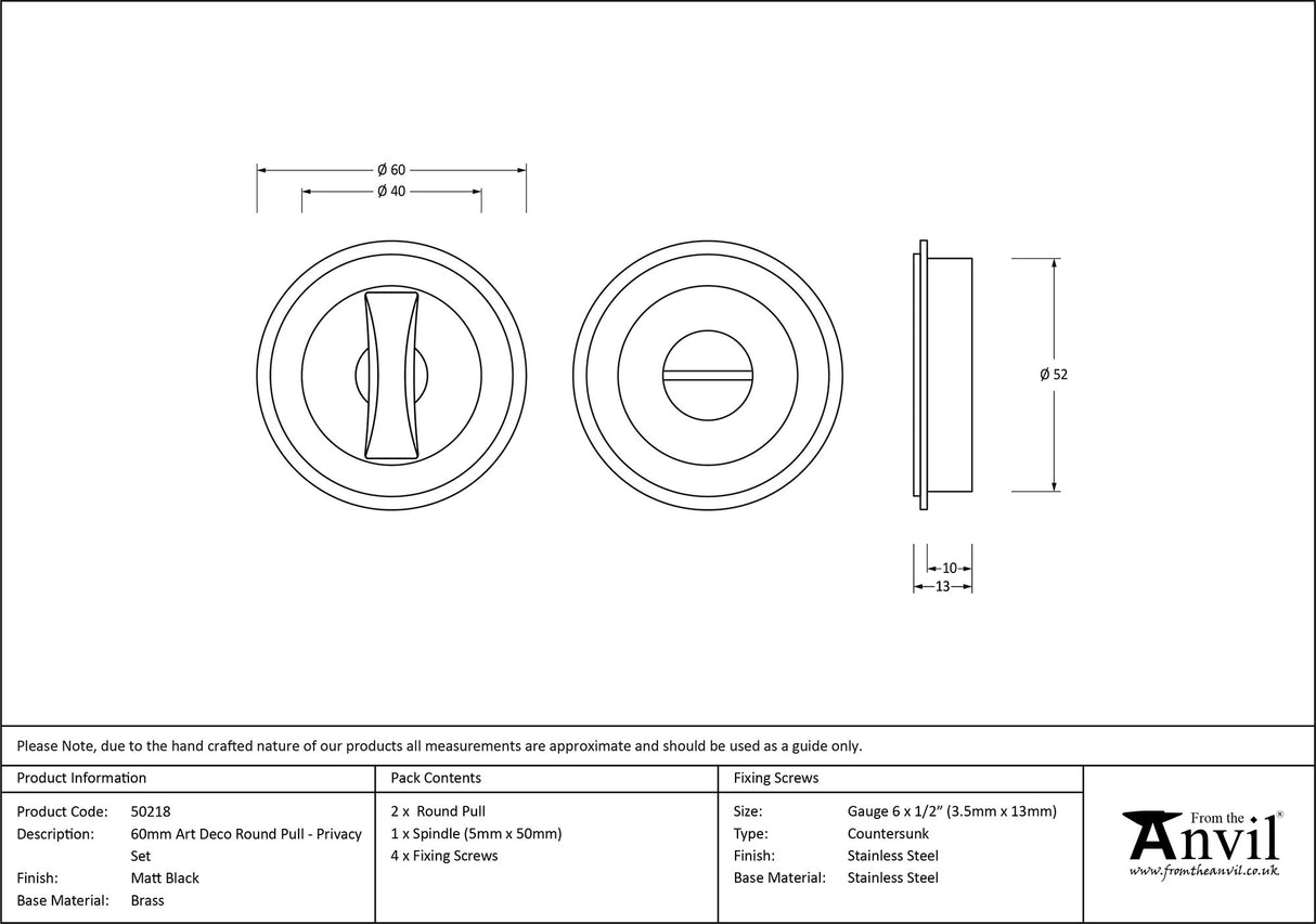 From The Anvil - Matt Black 60mm Art Deco Round Pull - Privacy Set | Sku. 50218 | Trade Door Handles.