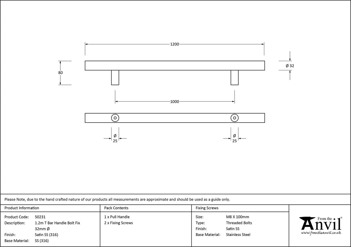 From The Anvil - Satin Marine SS (316) 1.2m T Bar Handle Bolt Fix 32mm | Sku. 50231 | Trade Door Handles.