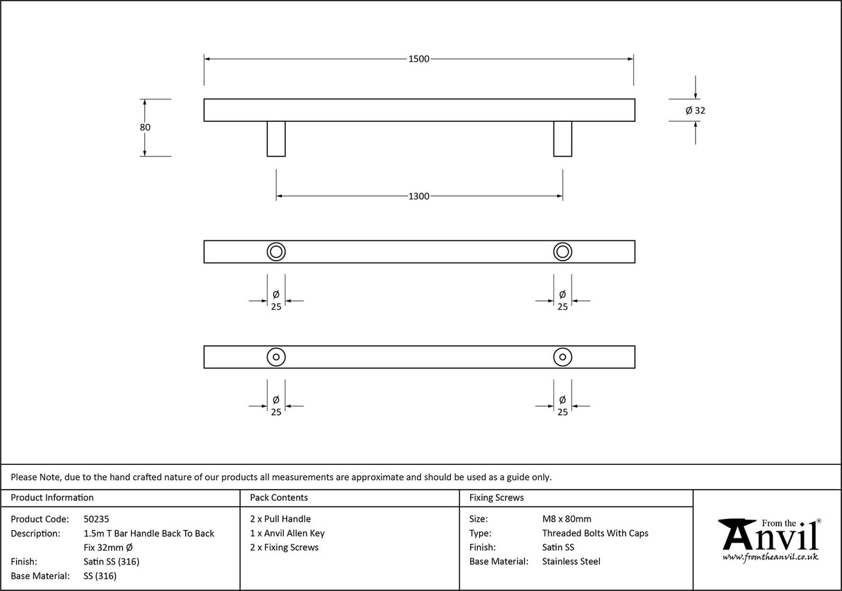 From The Anvil - Satin Marine SS (316) 1.5m T Bar Handle B2B Fix 32mm | Sku. 50235 | Trade Door Handles.