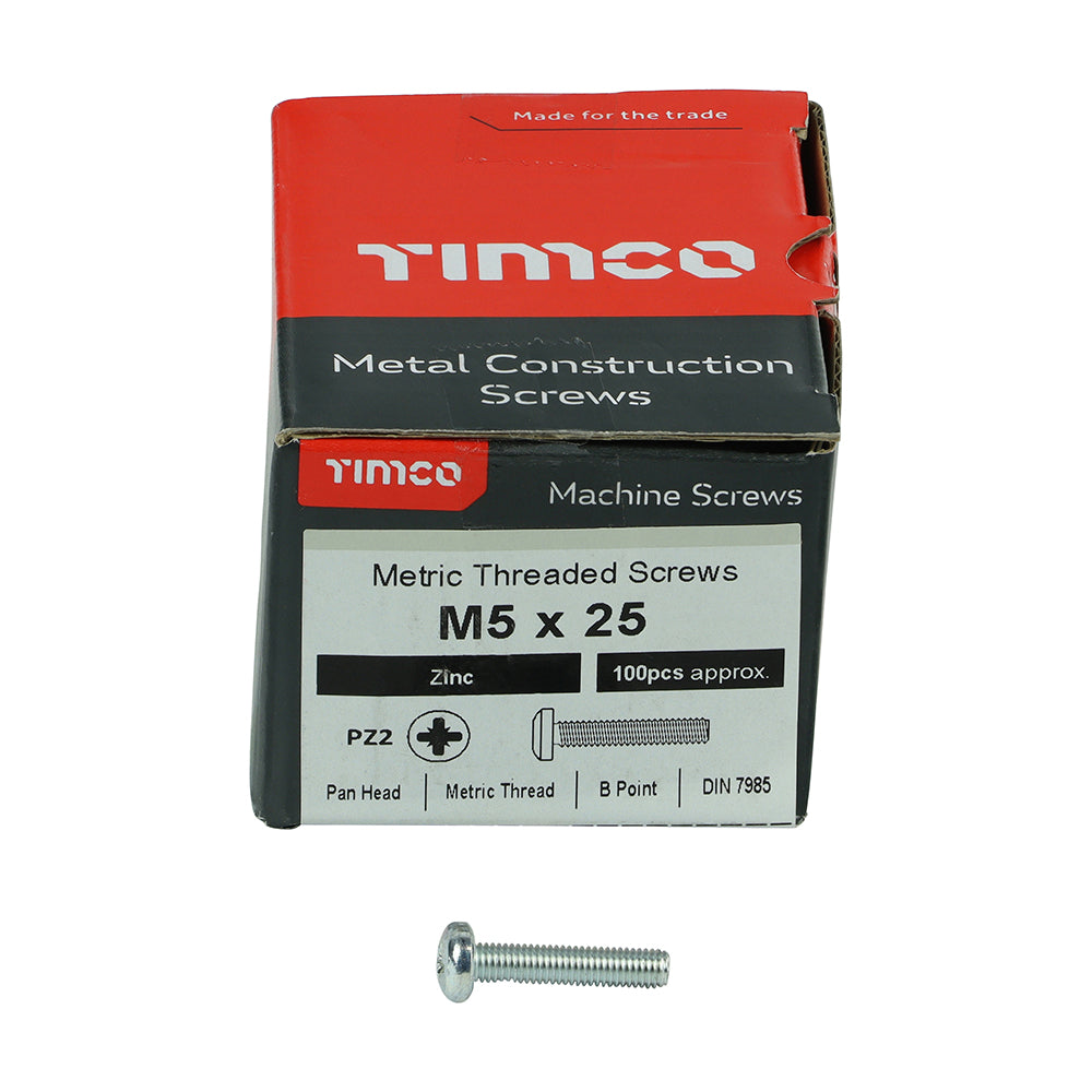 This is an image of Timco - Metric Threaded Machine Screws - PZ - Pan Head - Zinc M5 x 25mm - (100 PCS Box) 5025PPM