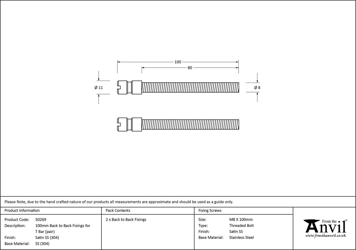 From The Anvil - Satin SS (304) 100mm Back to Back Fixings for T Bar (2) | Sku. 50269 | Trade Door Handles.