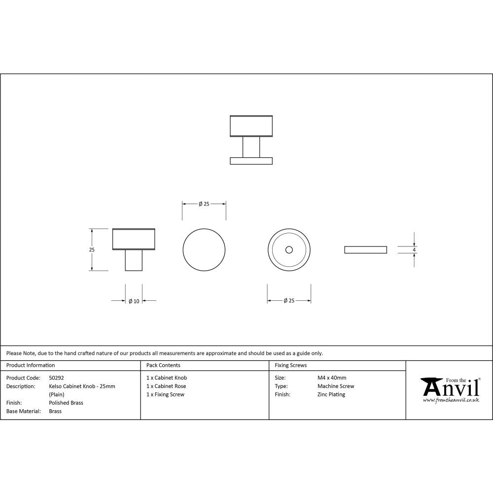 From The Anvil - Polished Brass Kelso Cabinet Knob - 25mm (Plain) | Sku. 50292 | Trade Door Handles.