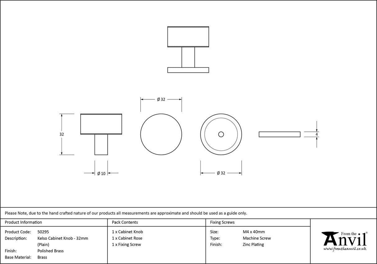 From The Anvil - Polished Brass Kelso Cabinet Knob - 32mm (Plain) | Sku. 50295 | Trade Door Handles.