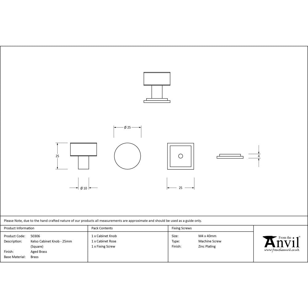 From The Anvil - Aged Brass Kelso Cabinet Knob - 25mm (Square) | Sku. 50306 | Trade Door Handles.