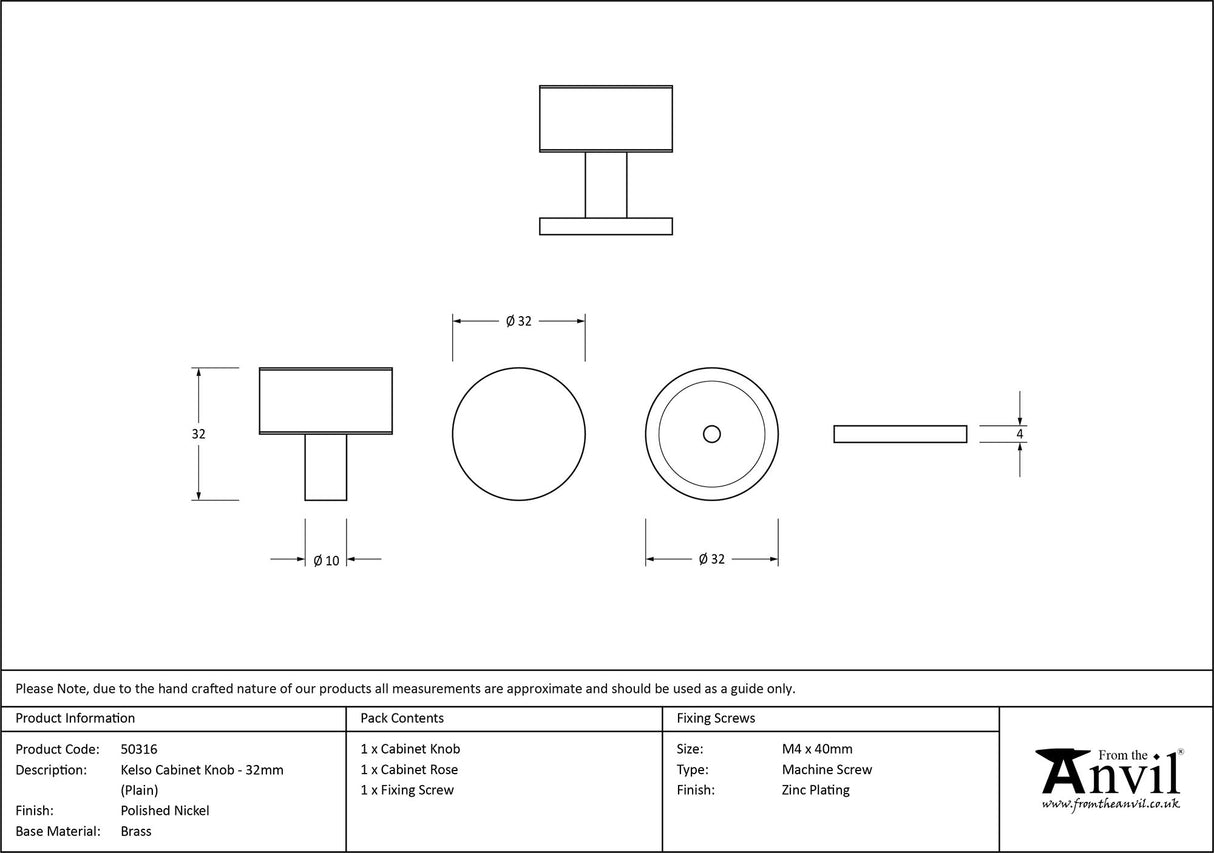 From The Anvil - Polished Nickel Kelso Cabinet Knob - 32mm (Plain) | Sku. 50316 | Trade Door Handles.