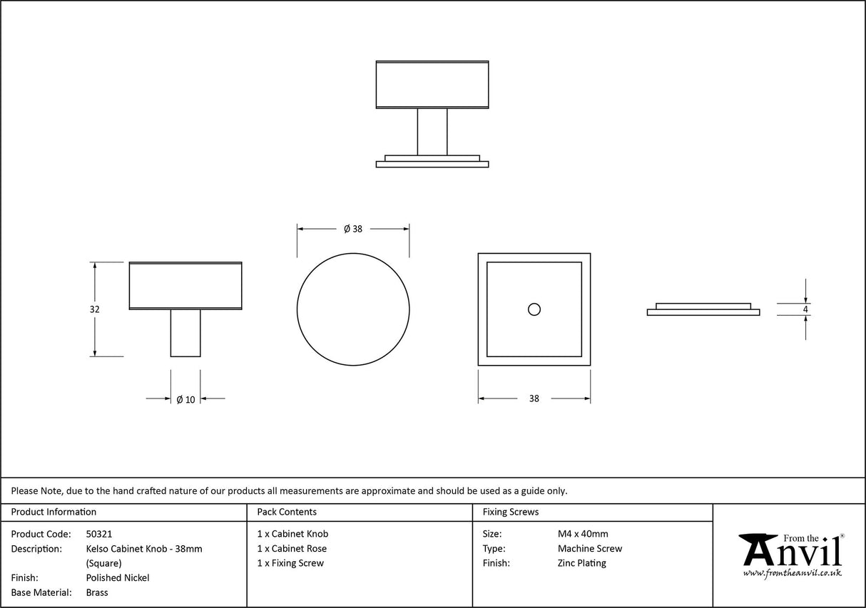 From The Anvil - Polished Nickel Kelso Cabinet Knob - 38mm (Square) | Sku. 50321 | Trade Door Handles.
