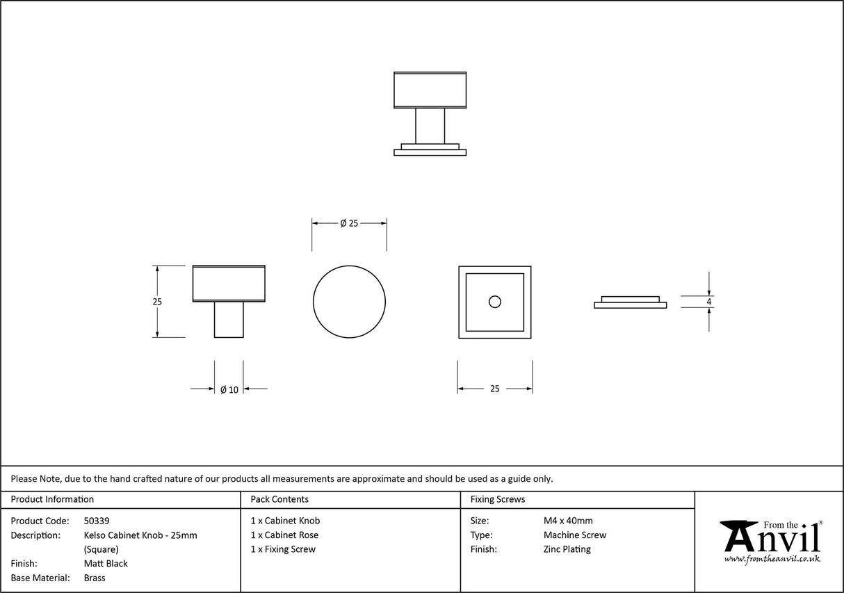 From The Anvil - Matt Black Kelso Cabinet Knob - 25mm (Square) | Sku. 50339 | Trade Door Handles.