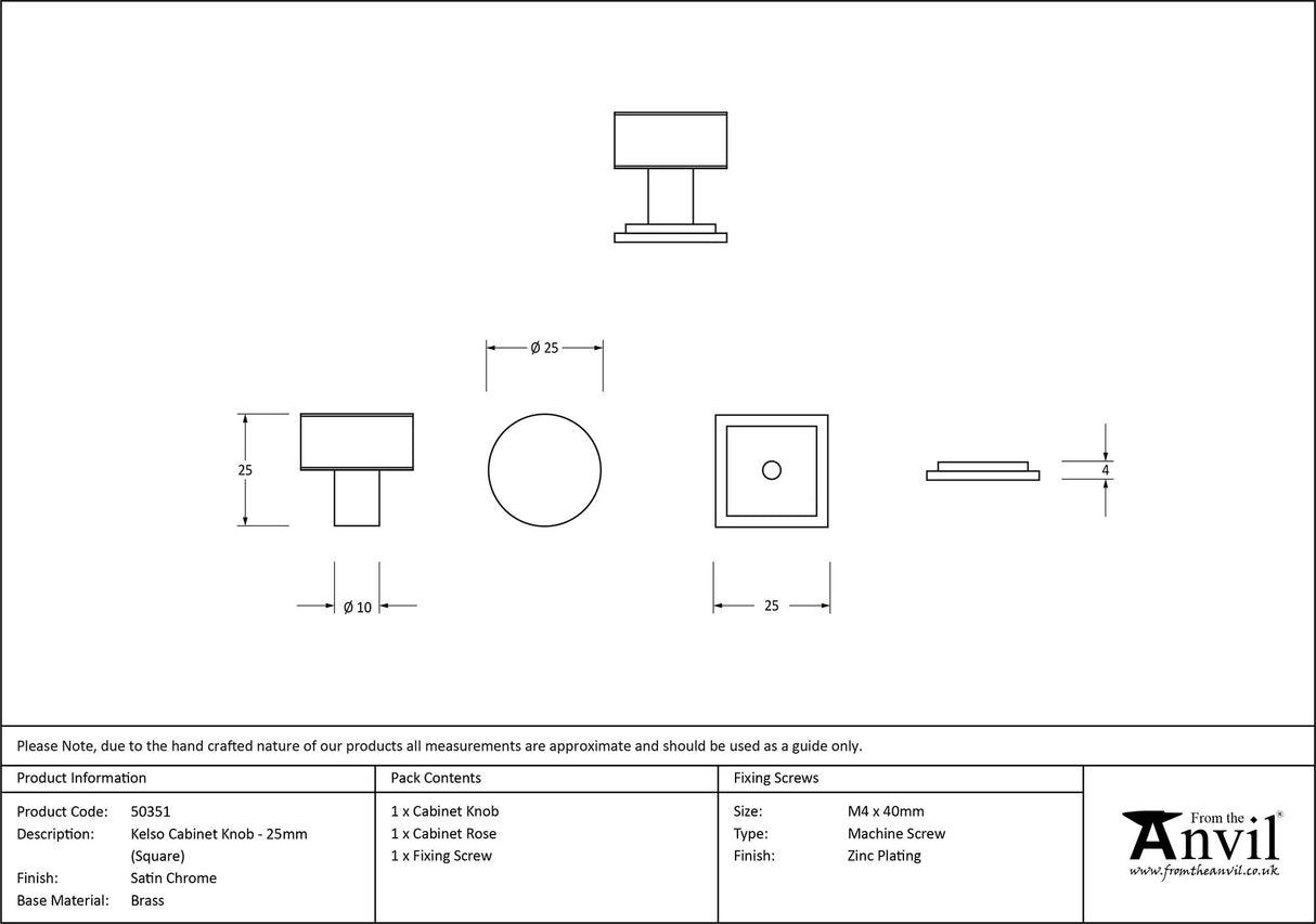From The Anvil - Satin Chrome Kelso Cabinet Knob - 25mm (Square) | Sku. 50351 | Trade Door Handles.