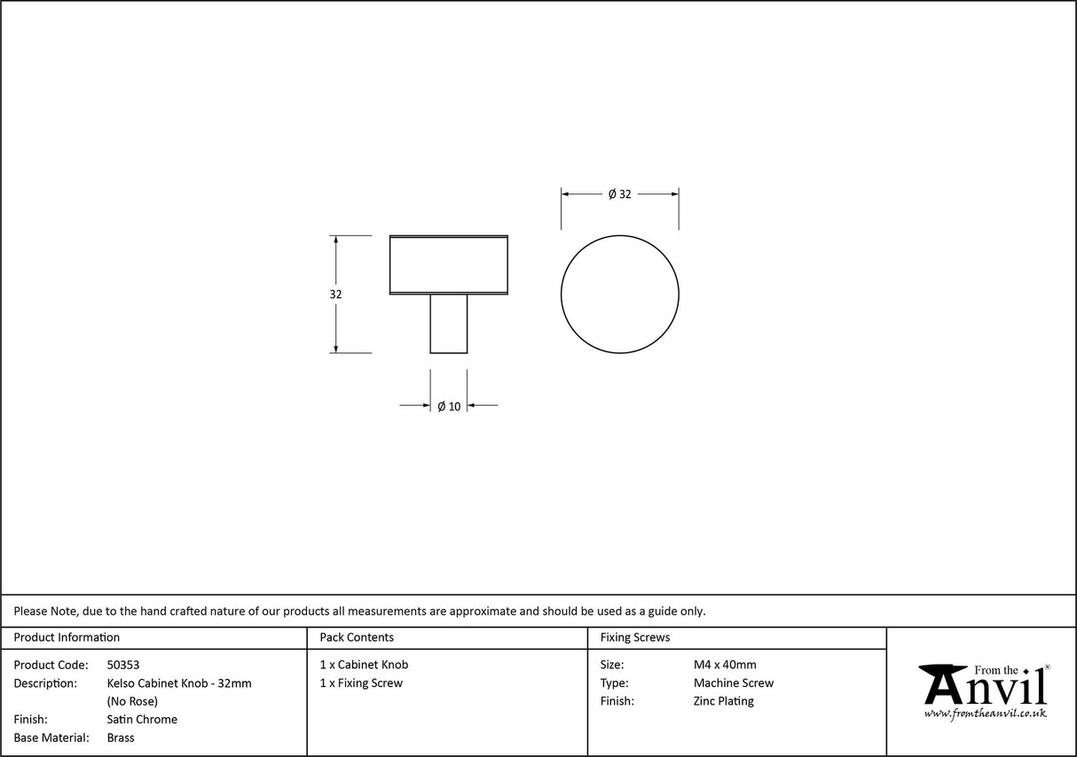 From The Anvil - Satin Chrome Kelso Cabinet Knob - 32mm (No rose) | Sku. 50353 | Trade Door Handles.
