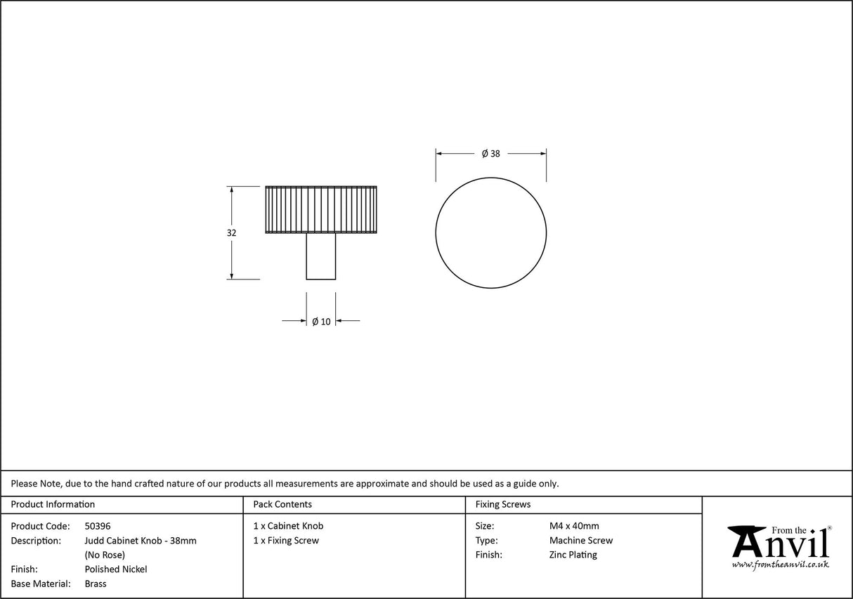 From The Anvil - Polished Nickel Judd Cabinet Knob - 38mm (No rose) | Sku. 50396 | Trade Door Handles.