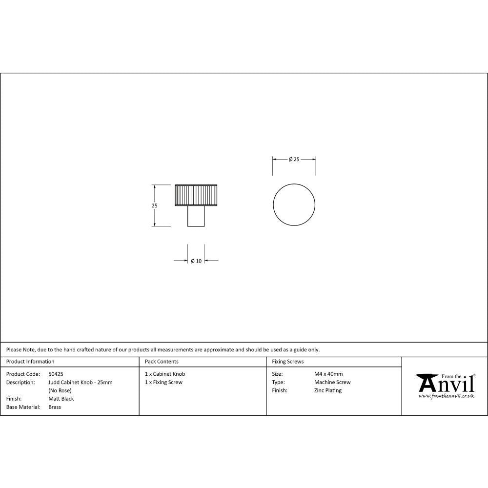 From The Anvil - Matt Black Judd Cabinet Knob - 25mm (No rose) | Sku. 50425 | Trade Door Handles.