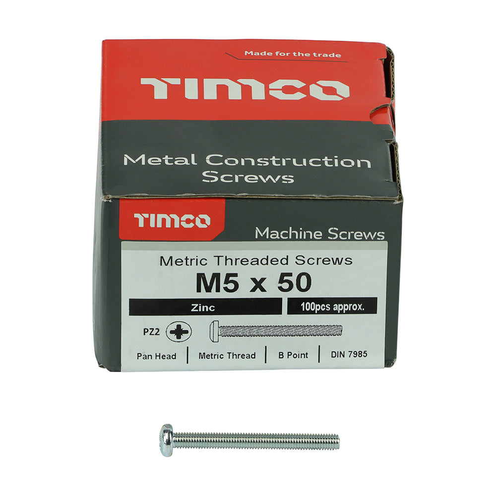 This is an image of Timco - Metric Threaded Machine Screws - PZ - Pan Head - Zinc M5 x 50mm - (100 PCS Box) 5050PPM