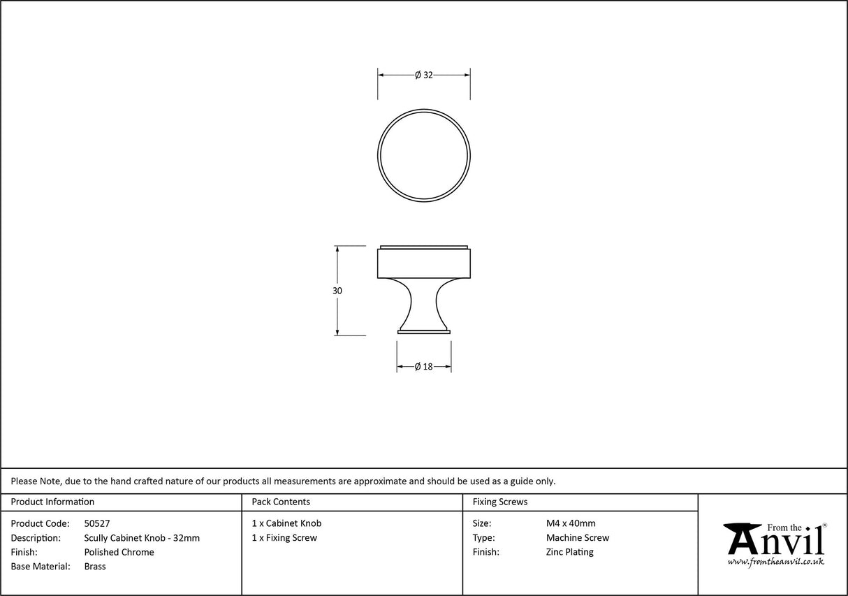 From The Anvil - Polished Chrome Scully Cabinet Knob - 32mm | Sku. 50527 | Trade Door Handles.
