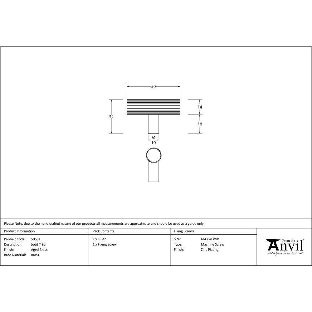 From The Anvil - Aged Brass Judd T-Bar | Sku. 50581 | Trade Door Handles.
