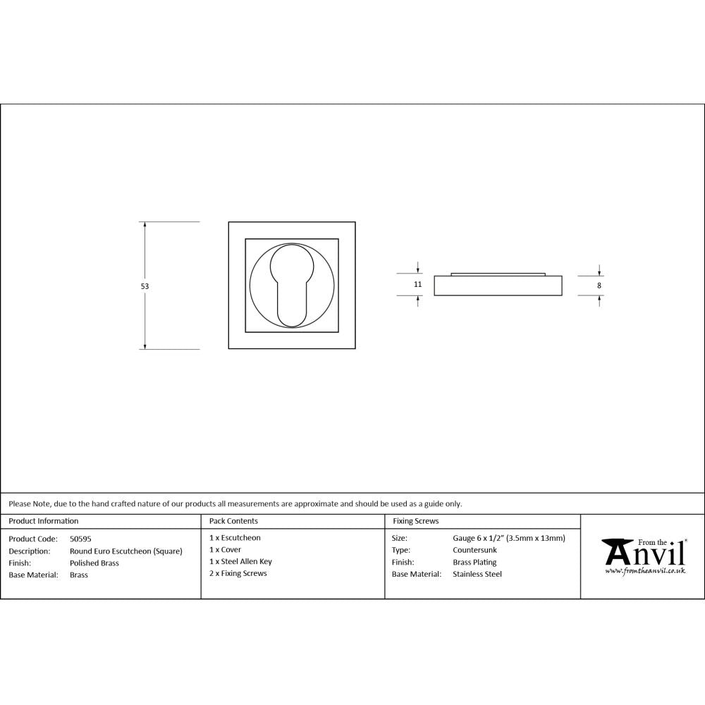 From The Anvil - Polished Brass Round Euro Escutcheon (Square) | Sku. 50595 | Trade Door Handles.