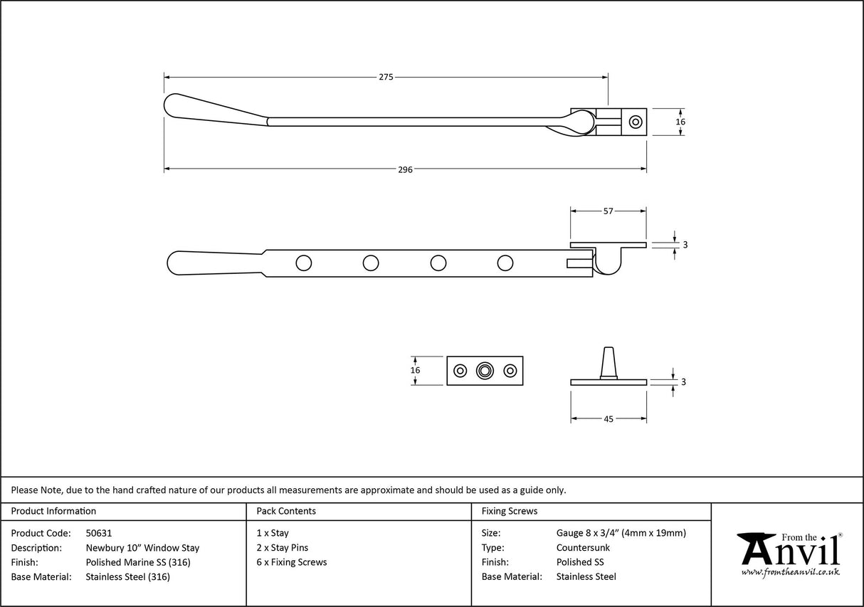 From The Anvil - Polished Marine SS (316) 10" Newbury Stay | Sku. 50631 | Trade Door Handles.