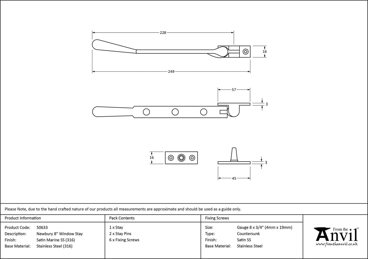 From The Anvil - Satin Marine SS (316) 8" Newbury Stay | Sku. 50633 | Trade Door Handles.