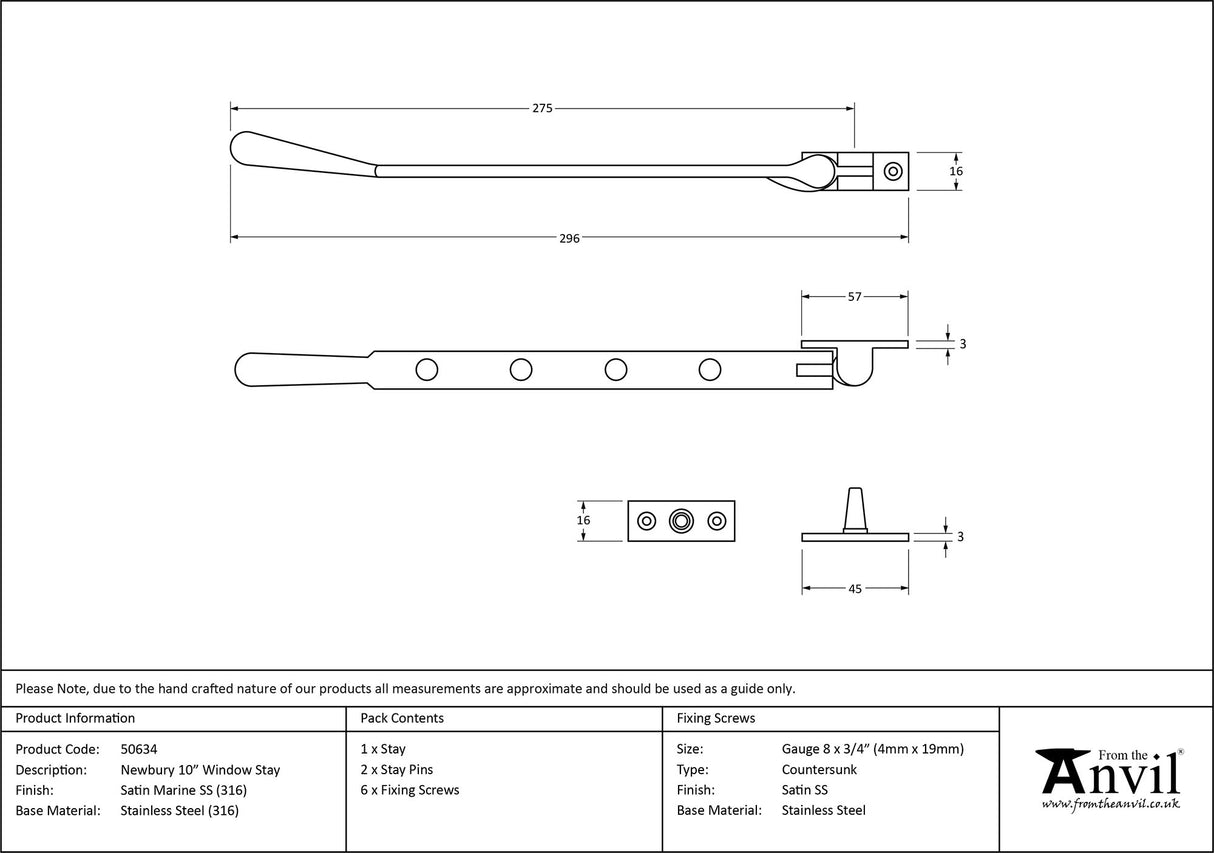 From The Anvil - Satin Marine SS (316) 10" Newbury Stay | Sku. 50634 | Trade Door Handles.